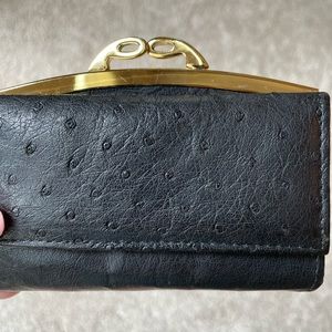 Vintage Ostrich leather Wallet Coin Purse Black with goldtone clasp Pre-Owned